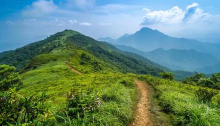 Tranquil mountain summit with clear skies, lush greenery, and refreshing scenic viewsの写真素材