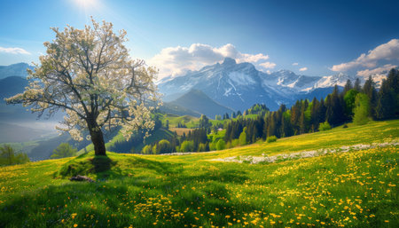 Sunny day in the alps. idyllic springtime mountain landscape with blooming meadowsの写真素材