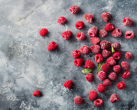 Fresh sweet red raspberries top view high-quality image for sale, ripe berry macro photographyの写真素材