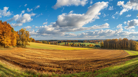 Enchanting autumn landscape. sunny rural idyllic countryside with beautiful fall colorsの写真素材