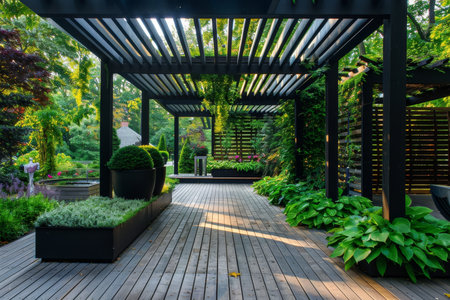 Luxurious morning oasis outdoor garden with teak wood deck and stylish black pergolaの写真素材