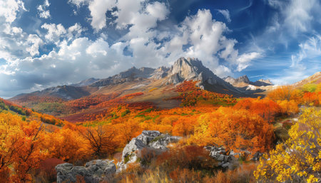 Captivating panoramic view of majestic autumn mountains on a beautiful sunny dayの写真素材