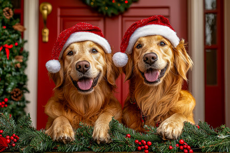 Pair of cheerful golden retrievers in Santa hats pose amidst colorful holiday ornaments, radiating warmth and festive cheer for seasonal celebrations.の写真素材