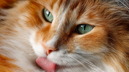 Adorable orange tabby with vivid green eyes, captured mid-lick, showing playful curiosity and a charming, soft fur texture on a bright background.の写真素材