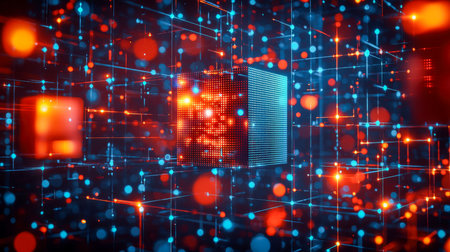 Vibrant futuristic scene featuring luminous cubes interconnected by radiant lines, creating a high-tech web of digital connectivity in a sleek cyber lの写真素材