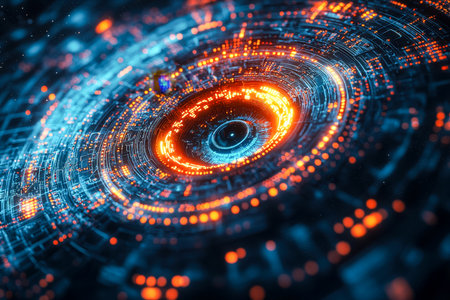 A high-tech scene featuring luminous circles representing data flows, pulsating lights, and sleek digital elements creating an immersive futuristic atの写真素材