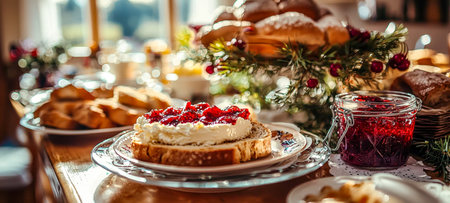 An inviting holiday table features a cherry-topped cheesecake surrounded by an array of cookies, pastries, and festive decorations, evoking seasonal cの写真素材