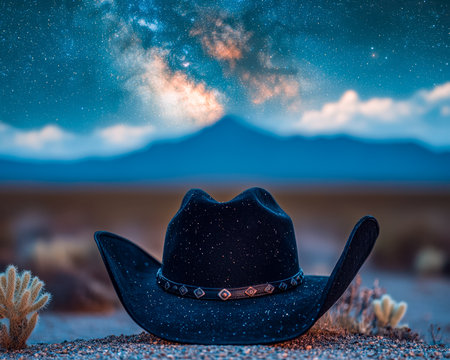 A lone figure's hat adorned with cosmic patterns rests amid vast desert sands under a shimmering night sky filled with stars and distant galaxies.の写真素材