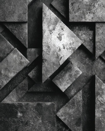 Intricate black and white mosaic of angular concrete blocks with rough surfaces, creating a bold, modern sense of rhythm and structural complexity.の写真素材