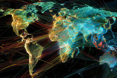 Global trade network mapping optimizing supply chain logistics for efficient international tradeの写真素材