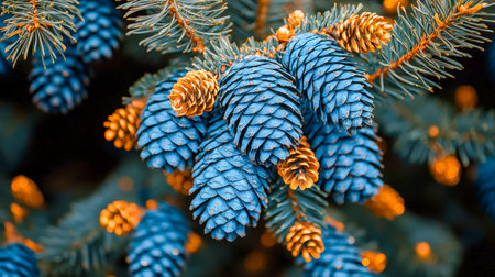 Vibrant blue pinecones nestled among lush evergreen branches, accented with shimmering gold details, creating an elegant holiday centerpiece.の写真素材