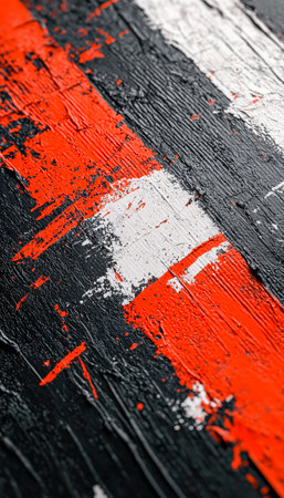 Vibrant, layered brushstrokes in striking black, white, and crimson create a dynamic, textured artwork full of energy and contrast.の写真素材