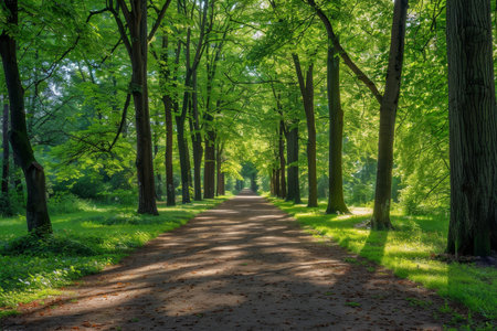 Tranquil sunlight shining through trees on path in beautiful lush forest settingの写真素材