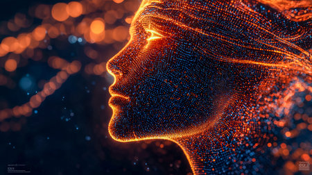 A sleek, cyber-inspired rendering of a woman's face enhanced with radiant light streaks and floating...