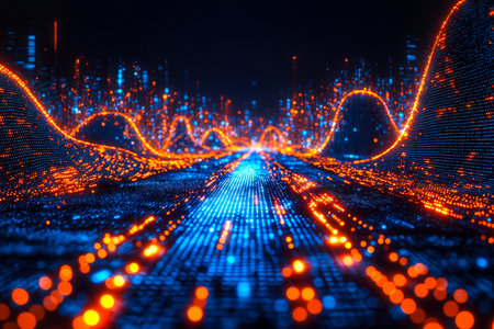 Dynamic flow of luminous blue and orange particles swirling in a sleek, high-tech digital realm, evoking innovation and virtual complexity.の写真素材