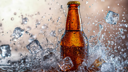Frosty beer bottle surrounded by tumbling ice cubes and a splash of water, exuding crispness and cool refreshment in a vibrant, lively scene.の写真素材
