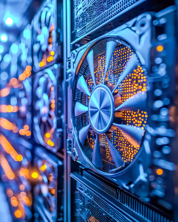 A sleek gaming rig showcases vibrant LED-lit cooling fans and complex hardware layout, evoking a futuristic ambiance ideal for enthusiasts and streameの写真素材