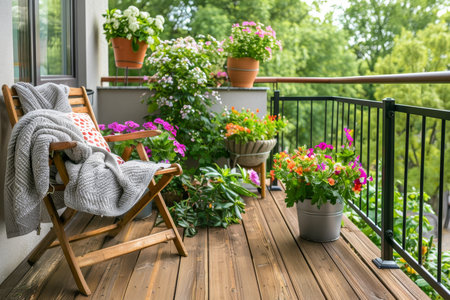 Chic city balcony with wooden floor, comfortable chair, and lush green potted plantsの写真素材