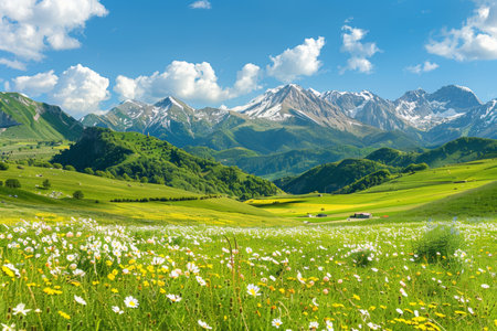 Idyllic mountain landscape with green meadows and wildflowers - rural nature view, panoramic sceneryの写真素材