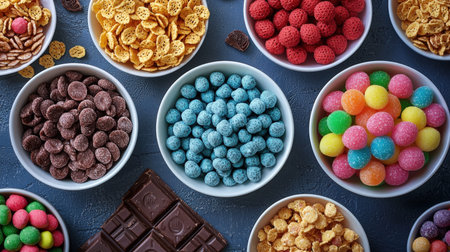 Vibrant sweets and glossy chocolates arranged in diverse bowls, creating a playful and inviting...