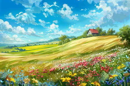 Breathtaking rural landscape with rolling fields in full bloom and clear blue skyの写真素材