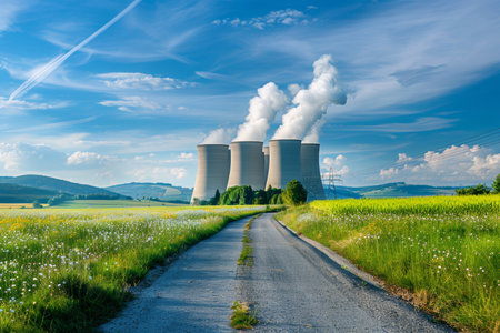 Scenic rural landscape with fields, nuclear power plant, and clear blue sky in peaceful countrysideの写真素材