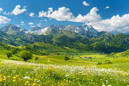 Idyllic mountain landscape with wildflowers and green meadows, sunny day panoramic sceneryの写真素材