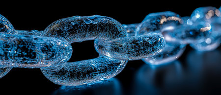 A detailed view of a sleek glass chain catching shimmering blue light, exuding elegance and modernity against a dark, minimalist backdrop.の写真素材