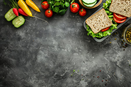 Healthy lunch box with sandwich and vegetables on stone table, top-down view with ample copy spaceの写真素材