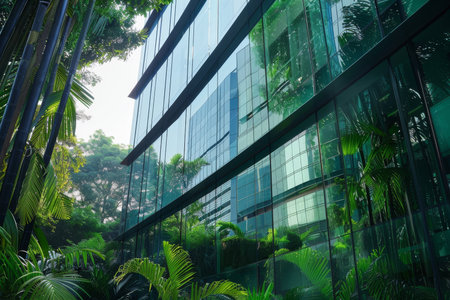 Sustainable green glass office building integrated with natural elements in modern cityの写真素材