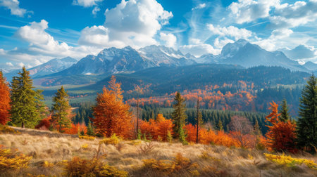 High-quality sunny panorama mountain autumn landscape photography on a beautiful dayの写真素材