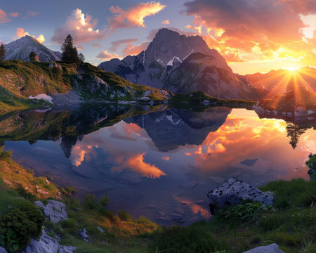 Sunny day sunset at zittauerhuette mountain lake in wildgerlossee, pinzgau, salzburg, austria