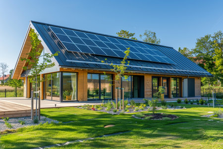 New eco-friendly passive house with photovoltaic system and solar panels for sustainable livingの写真素材