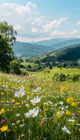 Idyllic mountain landscape with green meadows and wildflowers in rural countrysideの写真素材