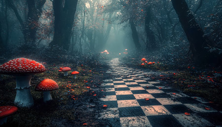 An eerie woodland scene featuring a winding checkered trail, towering mushrooms, and swirling fog, evoking a magical, fairy-tale atmosphere perfect foの写真素材