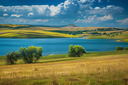 Classic european farmlands. scenic yellow fields and blue lake landscape photographyの写真素材