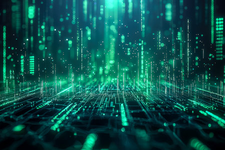 Dynamic digital matrix with luminous pathways and streaming binary sequences, evoking a sleek, high-tech ambiance for innovative tech concepts.の写真素材