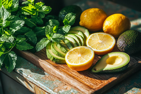 Vibrant citrus and ripe avocado slices arranged on a rustic wooden board, enhanced with mint sprigs, perfect for healthy eating or culinary inspirationの写真素材