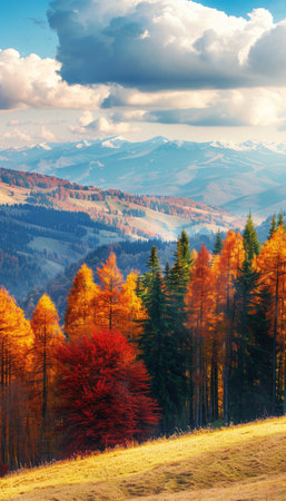 Breathtaking high-quality panoramic mountain autumn landscape on a beautiful sunny dayの写真素材