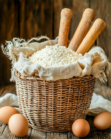 Rustic scene featuring a woven basket filled with soft white flour, complemented by two vintage wooden rolling pins and fresh eggs on aged wood.の写真素材
