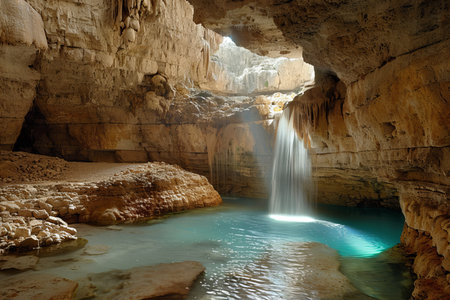 Spectacular cave waterfall with underground river, nature landscape photo for saleの写真素材