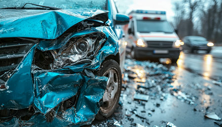 A crumpled blue car sits forlornly on a slick road as emergency crews and additional vehicles navigate the chaotic scene amidst pouring rain.の写真素材