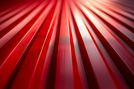 Vibrant red metallic panels extend in depth, catching sunlight reflections, highlighting texture and industrial style from an angled, dynamic perspectiveの写真素材