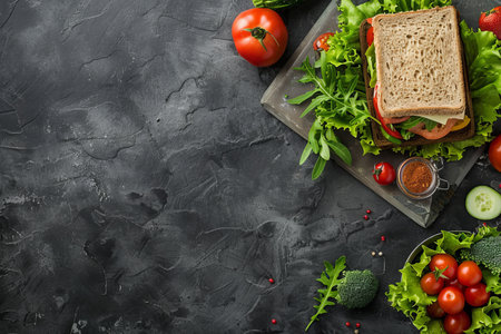 Healthy lunch box on stone table with sandwich and fresh vegetables, top-down viewの写真素材