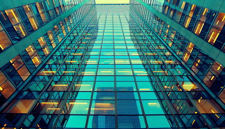 Symmetrical glass building with numerous windows in city skyline creating a stunning appearanceの写真素材