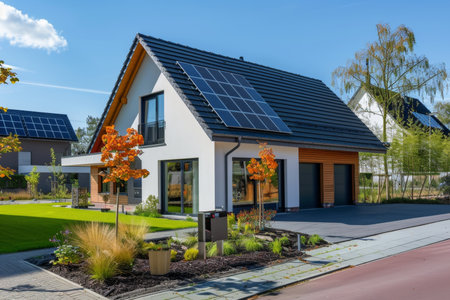 Modern passive house with photovoltaic system on gable roof, driveway, and landscaped yardの写真素材