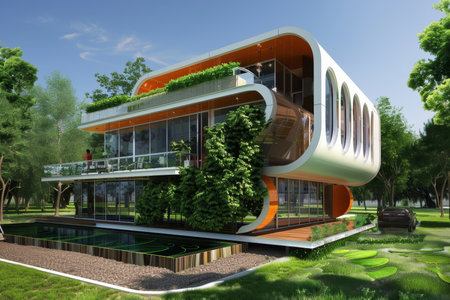 Contemporary sustainable home design. eco-friendly and self-sufficient living spacesの写真素材