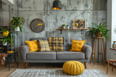 Modern loft living room with gray sofa, yellow pillows, tv unit, and concrete wallの写真素材