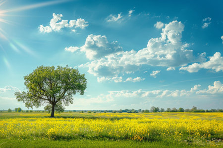 Beautiful scenic rural landscape with blooming fields under blue skies, idyllic countryside viewの写真素材