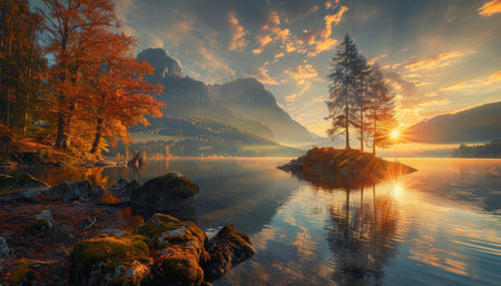 Mesmerizing autumn sunset reflecting on the tranquil hintersee lakeの写真素材